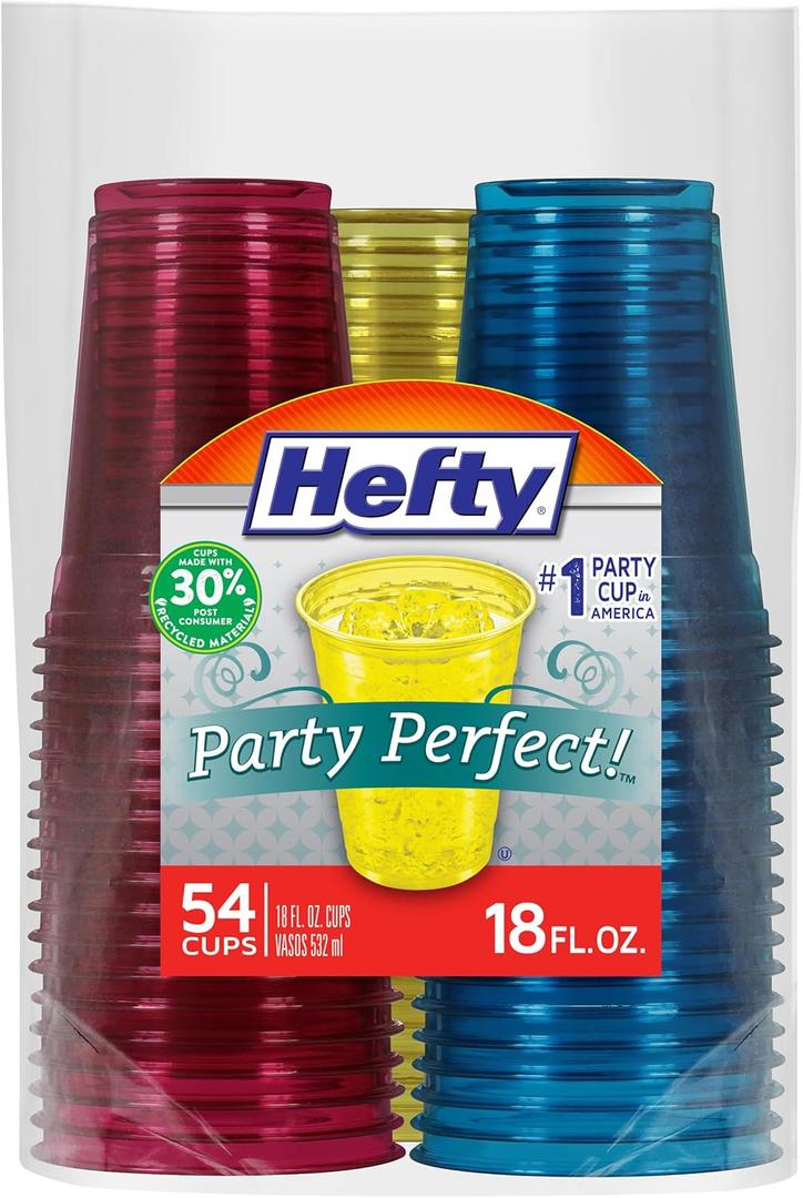 Hefty Party Perfect Tinted Disposable Plastic Cups, Red, Blue, and Yellow Plastic Cups, Perfect Party Cups for Easy Cleanup and Large Gatherings, 18 Ounce, 54 Count
