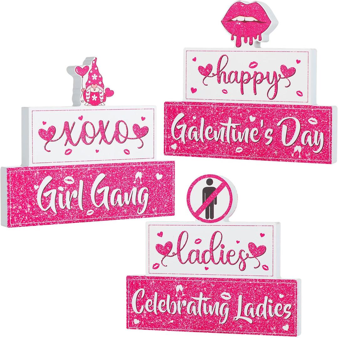 Suzile 3 Pcs Galentine's Day Wooden Sign Table Decor Pink Glitter Happy Galentines Day Tabletop Centerpiece Celebrating Galentine's Day Gifts Desk Mantel Shelf Decoration