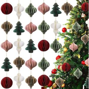 Janinka 24 Pcs Neutral Christmas Paper Honeycomb Ornaments 3D Mini Glitter Edge Honeycombs Lantern Reusable Vintage Christmas Hanging Neutral Ornaments for Modern Home Decor New Year (Dark Color)