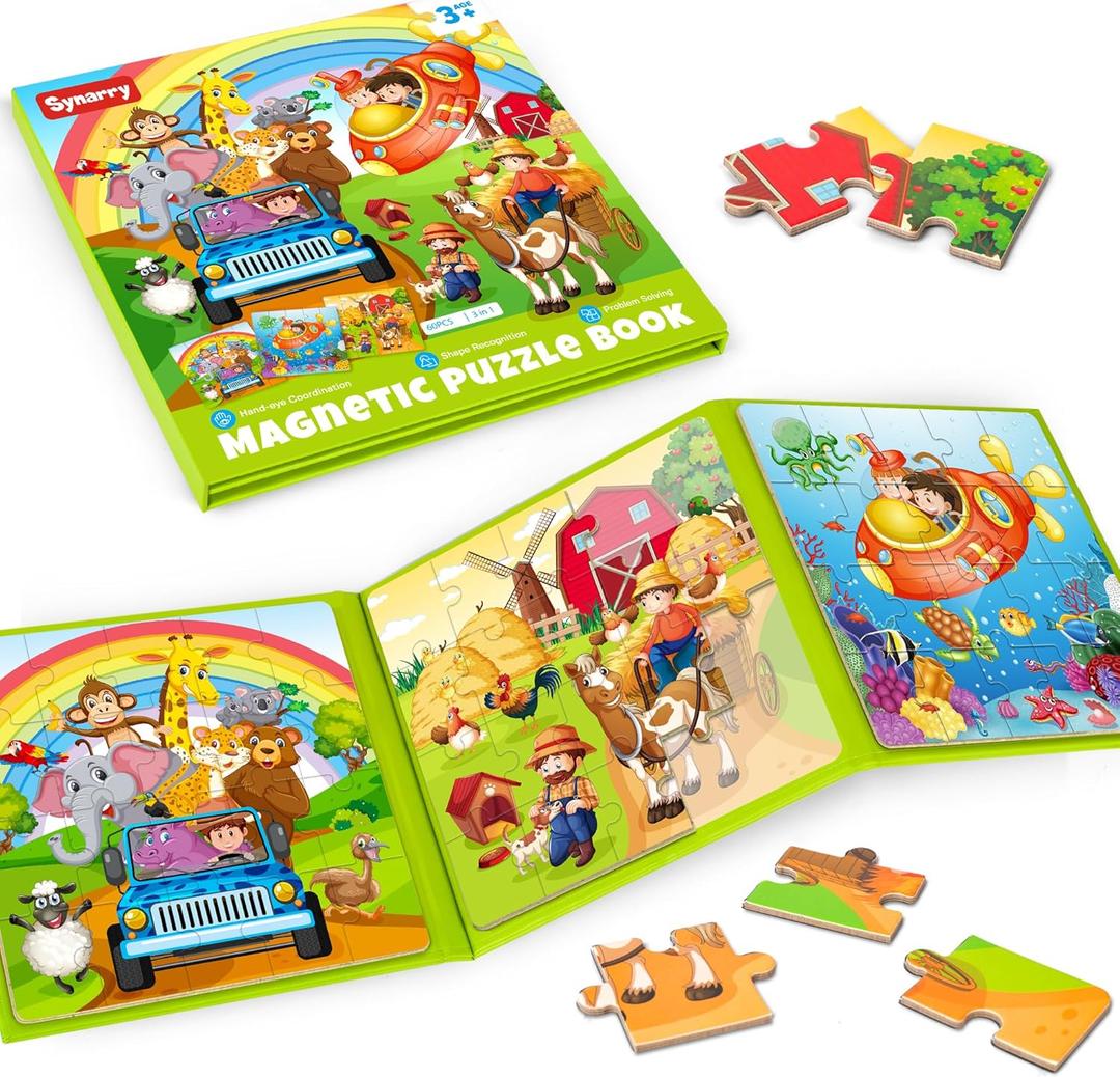 SYNARRY Magnetic Puzzles for Kids Ages 3-5, 20 Pieces Toddler Animal Puzzles for Kids Ages 4-6, Easter Basket Stuffers Gifts for Kids, Car Airplane Road Trip Activities Magnet Games Toy for Boys Girls