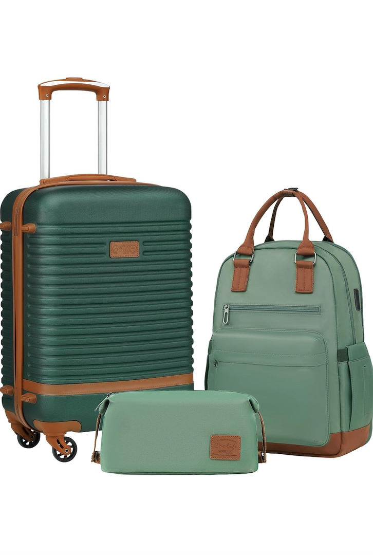 Coolife Suitcase Set 3 Piece Luggage Set Carry On Travel Luggage TSA Lock Spinner Wheels Hardshell Lightweight Luggage Set(Dark Green, 3 piece set (BP/TB/20))