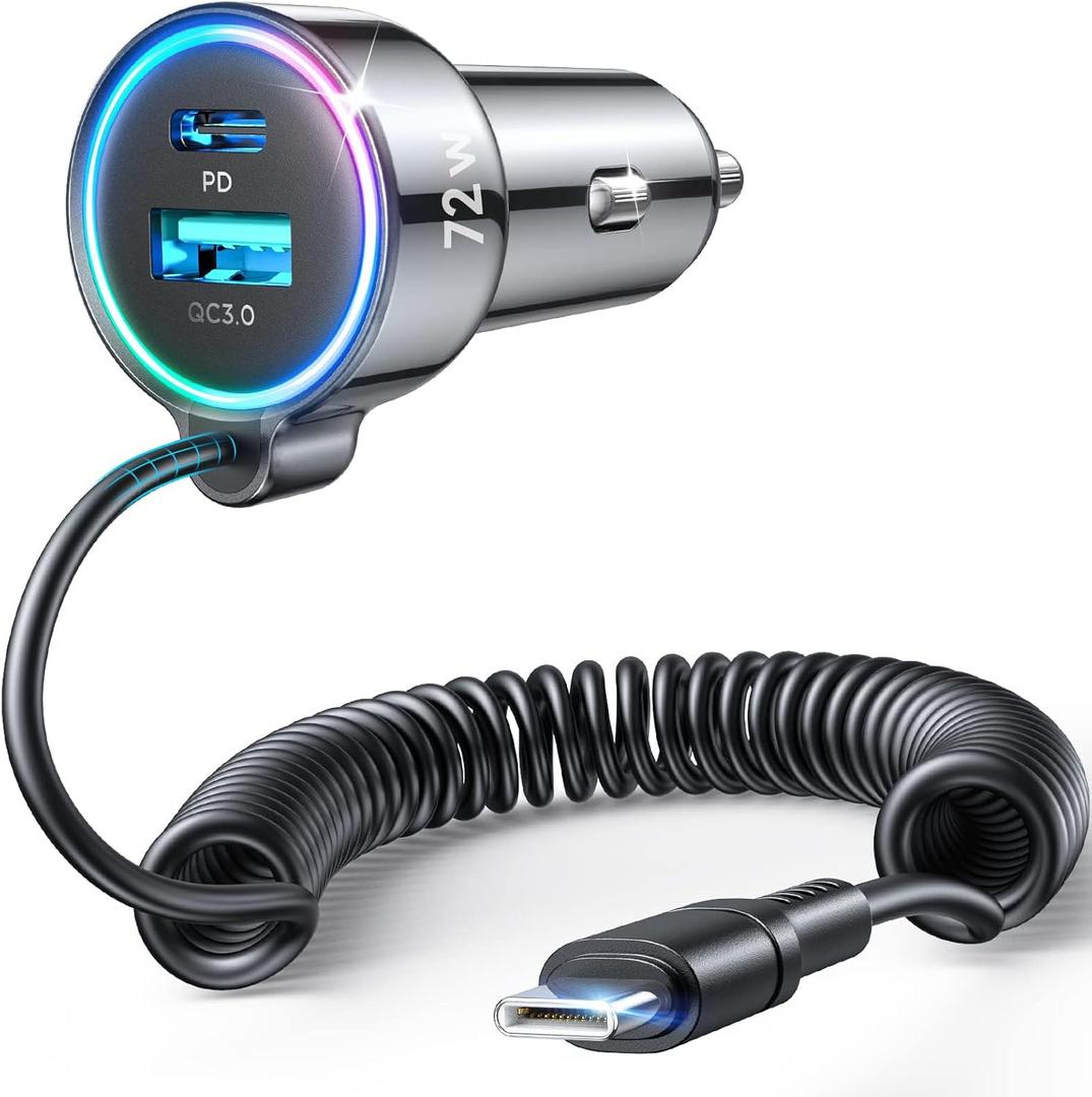 USB C 72W Car Charger for iPhone 17/16 Pro Max, PD & QC3.0 w/5 ft 36W Type C Coiled Cable, Fast Car Phone Charger Adapter for iPhone 17Air/15 Pro, Samsung Galaxy S25/S24/S23, Pixel 10/LG/Android, iPad