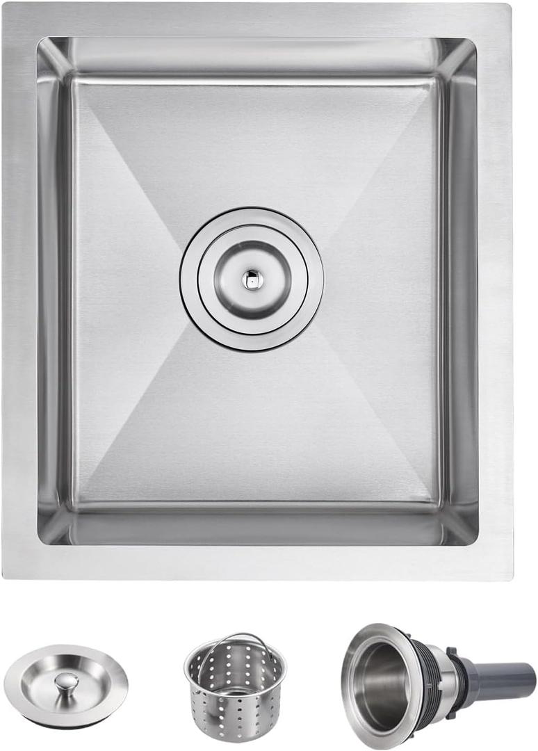 POPFLY 13 x 15 Inch Undermount Kitchen Sink, 18 Gauge SUS304 Stainless Steel Wet Bar Sink 6 Inches Deep Single Bowl Handmade Sink, Brushed