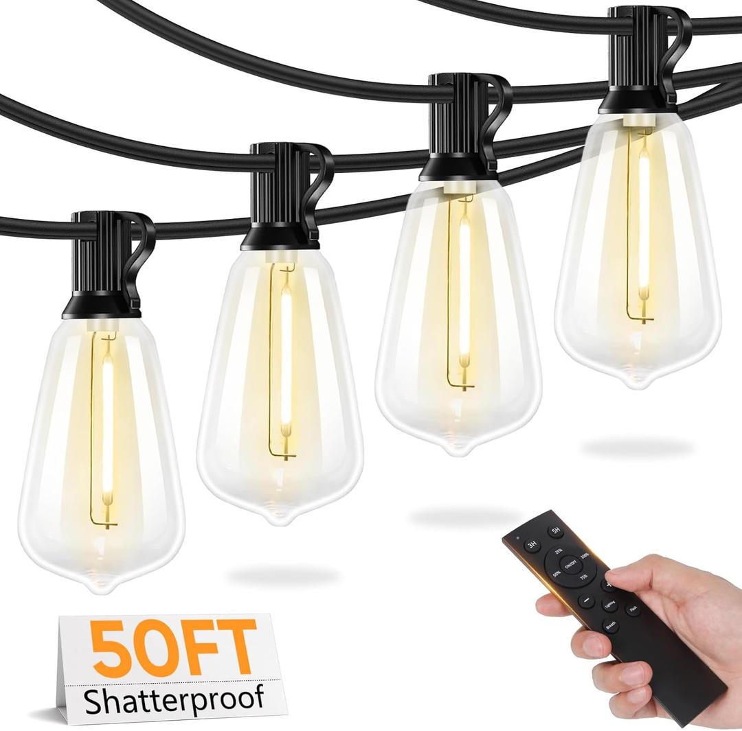 Brightever 50FT Outdoor String Lights with Remote, LED String Lights for Outside with 16 Shatterproof ST38 Vintage Edison Bulbs, 3 Modes 2 Timer Dimmable Outside Lighting for Patio, Gazebo, Deck, Yard (50FT-Warm White, Black)