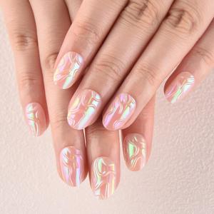 evpct Spring & Summer Glossy Press on Nails Short Oval, Aurora Glazed Fake Nails Press ons with 3D Pattern Design, Light Weight Perfectly Fit Nails for Women Gift, Fake Nail Kit with Kits Gel, 24Pcs