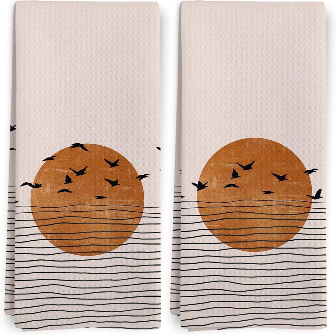 Boho Sunshine Kitchen Towels, Abstract Minimalist Lined Sun Sunset Bird Kitchen Towel Decorative Set, Modern Boho Hand Dish Tea Towels for Bathroom Decor