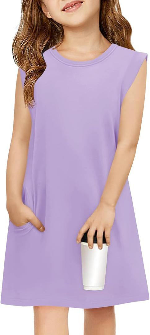 Haloumoning Girls Sleeveless Summer Dress Kids Casual Crewneck Loose Beach Short Dresses with Pockets 5-14 Years (11-12 Years, Purple)