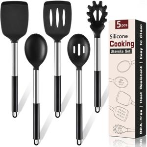 5Pcs Silicone Cooking Utensils Set, Heat Resistant Kitchen Tools Include Solid&Slotted Spatula, Cooking Spoon and Pasta Server, Silicone Kitchen Utensils set for Nonstick Cookware Flipping, Black