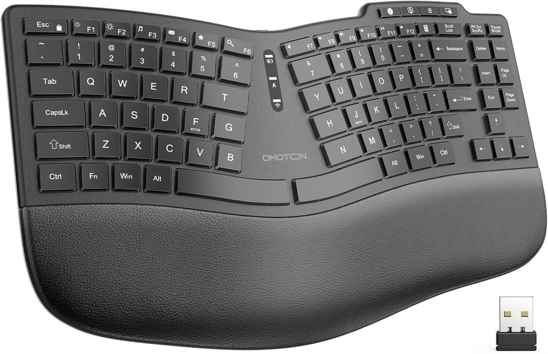 OMOTON Ergonomic Wireless Split Keyboard, Cushioned Wrist Rest, Rechargeable, USB Connectivity, 2.4G Membrane Silent Keyboard for Windows/PC, Classic Black