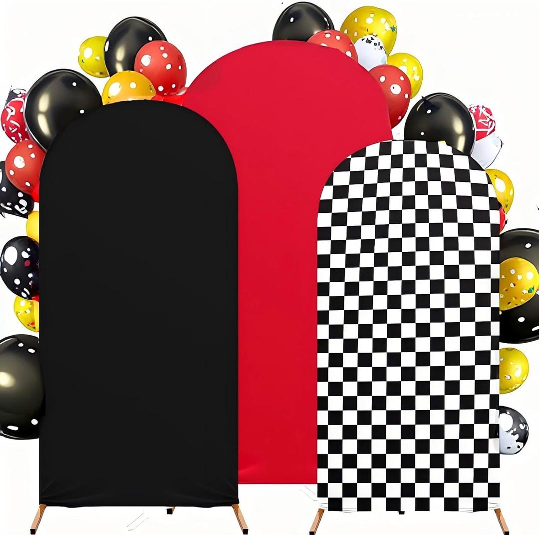 Arch Backdrop Cover Set of 3 (4FT/5FT/6FT) - Spandex Stretchy Monster Truck Racing Theme Backdrops for Kids Birthday, Wedding,Party Decorations (Red/Black/Checkered)