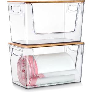 2 Pack Trash Bag Holder Dispenser, Extra Large Garbage Bags Holder, Stackable Trash Bag Holder with Bamboo Top for Laundry Room & Under Sink