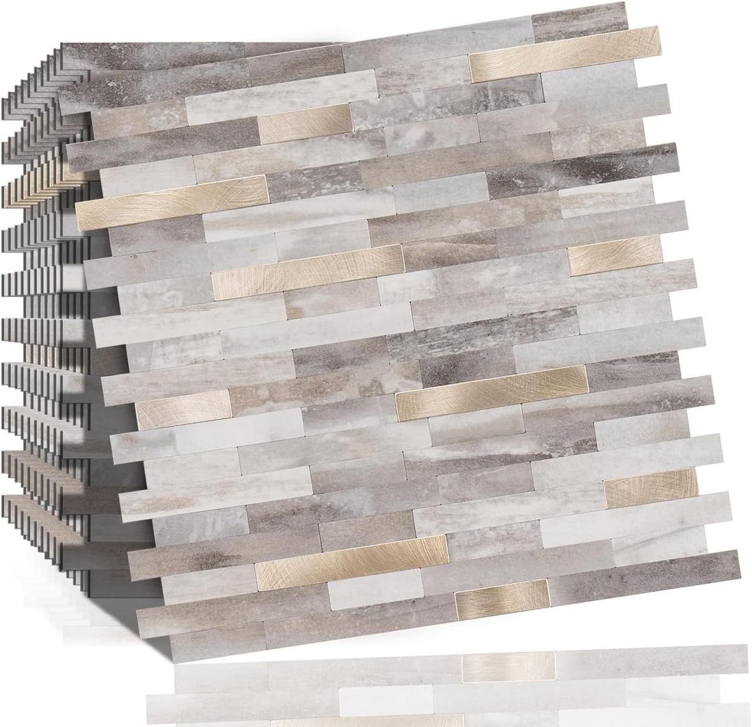 Peel and Stick Backsplash, 10-Sheet Peel and Stick Tiles PVC Wall Tile Stick on Backsplash Tiles for Kitchen Bathroom (Beige Slate)