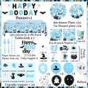Blue Halloween Birthday Decorations,198pcs Ghost Party Decorations Tableware Happy Boo Day Plates Napkins Cups Tablecloth Banner Swirls, Topper, Balloon for boy Halloween Party Decorations, Serve 24