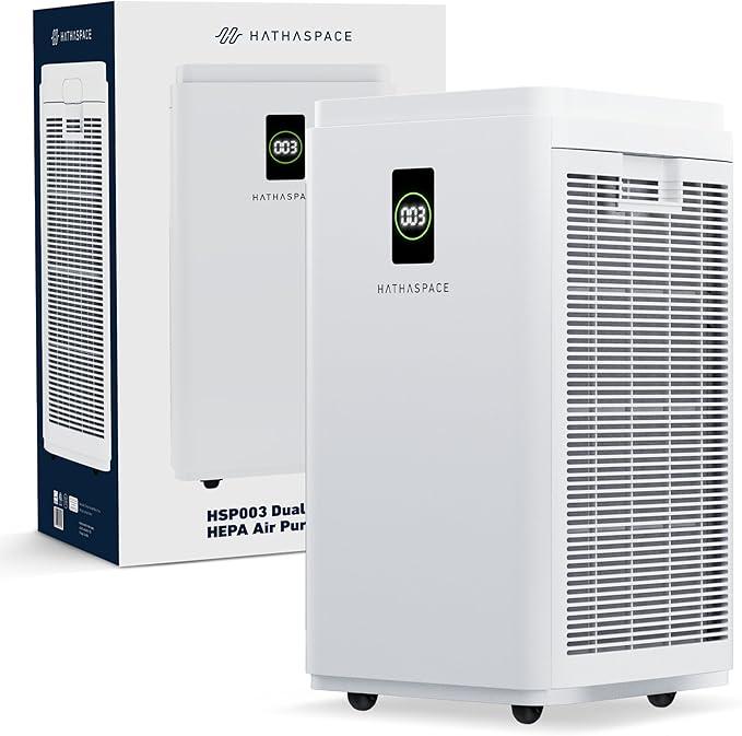 HATHASPACE HSP003 True HEPA Air Purifier for Home, Removes 99.9% of Dust, Smoke, Pet Dander, Odors, VOCs, Covers Up to 2800 Sq. Ft, Quiet Air Cleaner with Smart Sensor for Bedroom & Large Rooms, 14.02"D x 26.97"W x 14.02"H, White