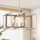 XINGQI 19.7" Modern Chandelier Square Light Fixtures Farmhouse Pendant Lighting for Kitchen Island Dining Room Living Room Brushed Nickel & Wood Grain Finish 4-Light