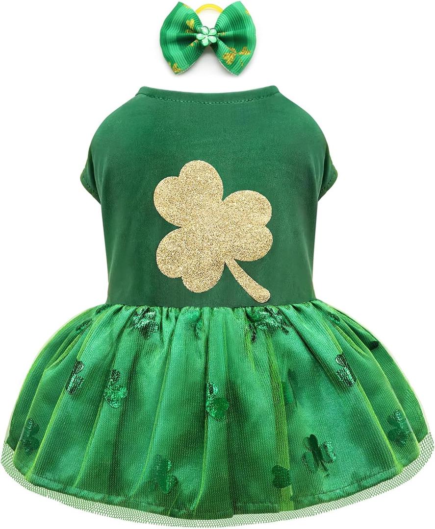 Idepet St. Patrick's Day Dog Dress with Bow Dog Tulle Skirt for Small Dog Girls Green Puppy Dress Cat Apparel Pet Holiday Outfits (Green 2, Large) (Large (Pack of 1))
