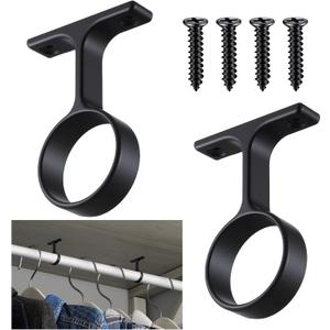 LEIFIDE 2 Pcs 1 5/16 Inch Diameter Round Wardrobe Closet Rod Suspended Center Support with Installation Screws Curtain Closet Rod Ceiling Mount Bracket for Home Wardrobe (Black)