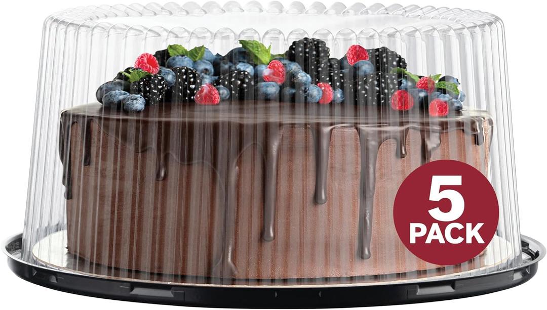 10 - 11" Plastic Disposable Cake Containers Carriers with Dome Lids and Cake Boards | 5 Round Cake Carriers for Transport | Clear Bundt Cake Boxes / Cover | 2-3 Layer Cake Holder Display Containers