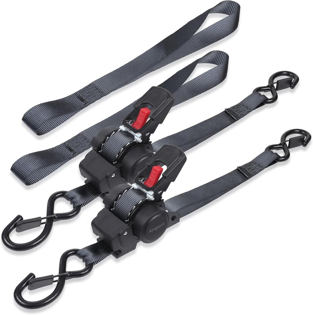 Ayaport Retractable Ratchet Straps 1in X 12ft(2PK)-1500lb Break Strength, Heavy Duty Ratchet Straps Self Retractable Tie Downs with Soft Loops for Motorcycle, Dirt Bike, Cargo, Truck Accessories (Black)