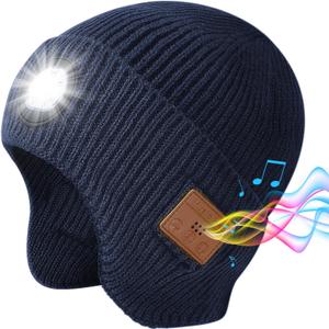 Bluetooth Beanie with Light, Built-in Wireless Headphones & Stereo Speakers - USB Rechargeable Bluetooth Hat | Unique Tech Gifts Birthday Gifts for Men and Women (Blue, Adult)