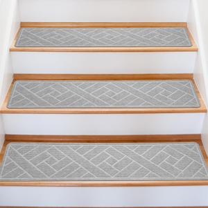 15 Pack 8" X 30" Non-Slip Carpet Stair Treads for Indoor Wooden Steps, Made of Polyester with Reusable Adhesive, Suitable for Kids Elders and Pets (Light Grey Lines)