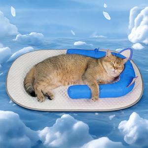 Cat Cooling Mat with Soft U-Shaped Pillow– Breathable Calming Cooling Pad for Cats– Portable Washable Summer Cooling Cat Bed for Indoor Or Travel Use,Blue Cat