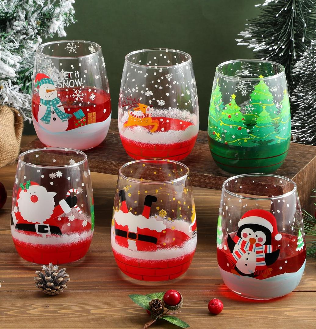 Nitial 6 Pcs Christmas Wine Glasses 14.2 oz Santa Claus Christmas Wine Glasses Elk Penguin and Snowman Drinkware Set Stemless Drinking Glass Cups for Xmas Birthday New Years Gifts