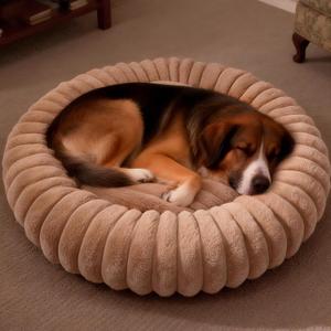 Donut Dog and Cat Bed, Luxurious Comfortable Faux Rabbit Fur Pet Beds, Round Anti-Anxiety Calming Puppy Kitten Bed with Anti-Slip Bottom for Small Medium Dogs & Cats(24", Brown)