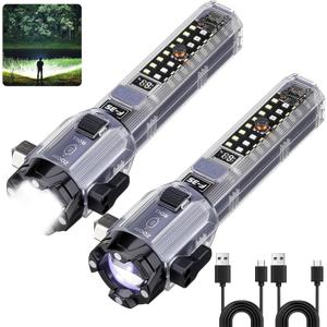 Car Emergency Flashlights Rechargeable 2Packs, 990,000L High Lumens Car Flashlight Emergency Kit, 7 Modes Tactical LED Flash Light with Window Breaker, Belt Cutter, Alarm Buzzer, Magnet, USB C for Car