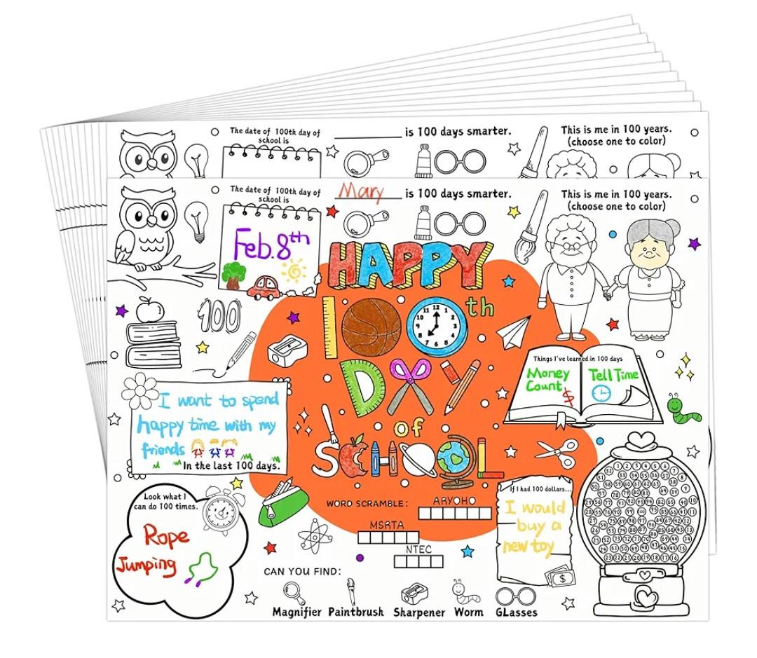 45pcs 100th Day of School for Kids Disposable Coloring Poster 100 Days Gifts School Classroom Activities Paper Table Mats Bulletin Board Decor