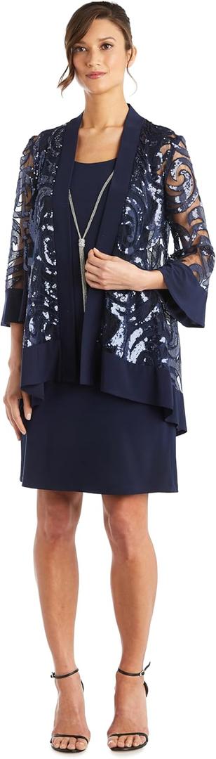 R&M Richards Womens Drape-Front Printed Two Piece Dress (6, Navy)