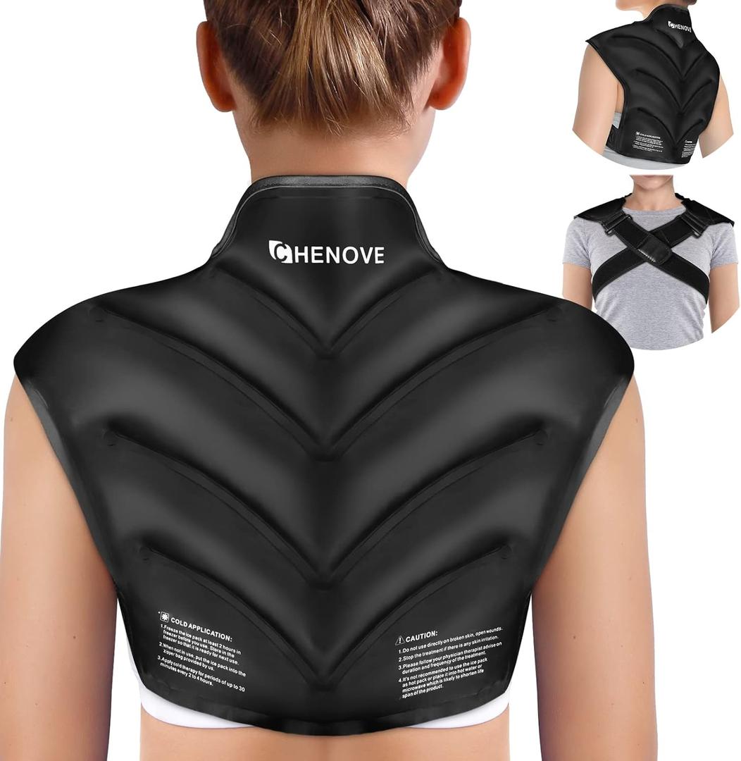 Chenove Ice Pack for Shoulders Upper Back with Strap, Neck and Shoulder Ice Pack Wrap Rotator Cuff Gel Reusable with Cold Compression Therapy, Soreness (Black)
