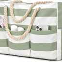 Becokan Beach Bags for Women Canvas Large Beach Tote Bag Zipper Waterproof Sandproof Foldable Swim Pool Bag with 7 Pockets