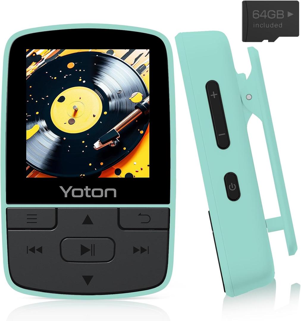 YOTON MP3 Player with Bluetooth 5.2, 64GB Storage, Mini Size, HiFi Music, with Sports Clip, Independent Volume Control, FM Radio, Includes Headphones, Green 