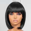 ToyoTress Brown Black Bob Wigs With Bangs - 10 Inch Yaki Straight Hair Daily Costume Wig For Black Women, Soft Short Synthetic Hair Replacement Wigs Heat Resistant (10 Inch, #2-613H)