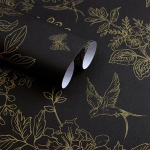 Froluya Black and Gold Wallpaper Peel and Stick Wallpaper 17.7"x590.5" Vintage Floral Boho Peel and Stick Wall Paper Dark Removable Self Adhesive Contact Paper for Bedroom Cabinets Shelf Liner Vinyl