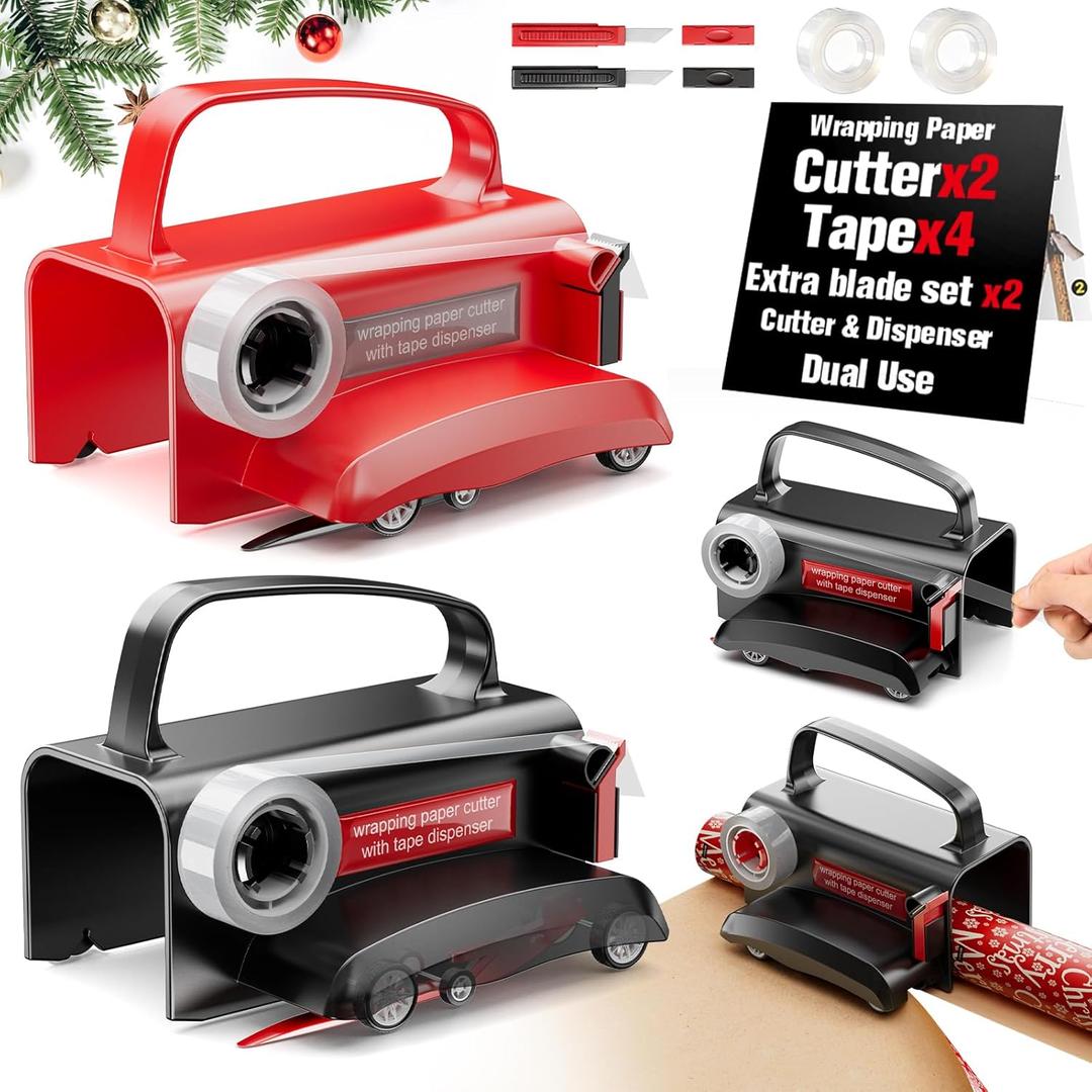 2-Pack Wrapping Paper Cutter with Wheels & Tape Dispenser - Gift Wrap Tool Kit with Replaceable Blades for Christmas, Birthday - Safe, Efficient, and Precise Cutting (Red)
