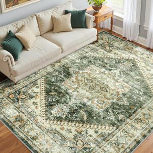 6x9 Area Rugs Washable Rug: Lagre Soft Living Room Rug Anti-Skid Indoor Floor Thin Carpet Vintage Stain Resistant Carpets for Bedroom Dining Room Farmhouse Nursery Office Green