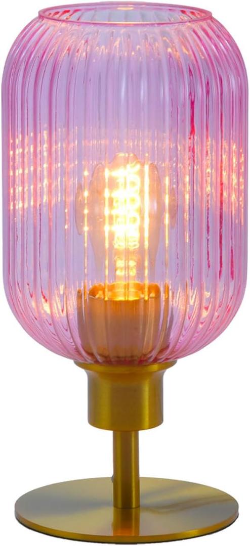 Mid Century Glass Table Lamp,Dimmable Desk Lamp,LED Bulb Included,Timer Build-in,Pink Ribbed Glass