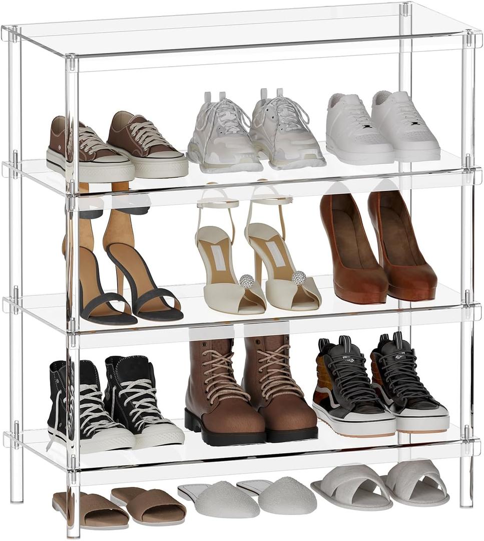 Aquiver 4-Tier Acrylic Shoe Rack - Shoe Rack Organizer - Modern Shoe Storage Shelf, Holds 12-16 Pairs of Shoes for Entryway, Closet - 25.6'' L x 11.8'' W x 28.3'' H, Clear, Easy Assembly & Clean