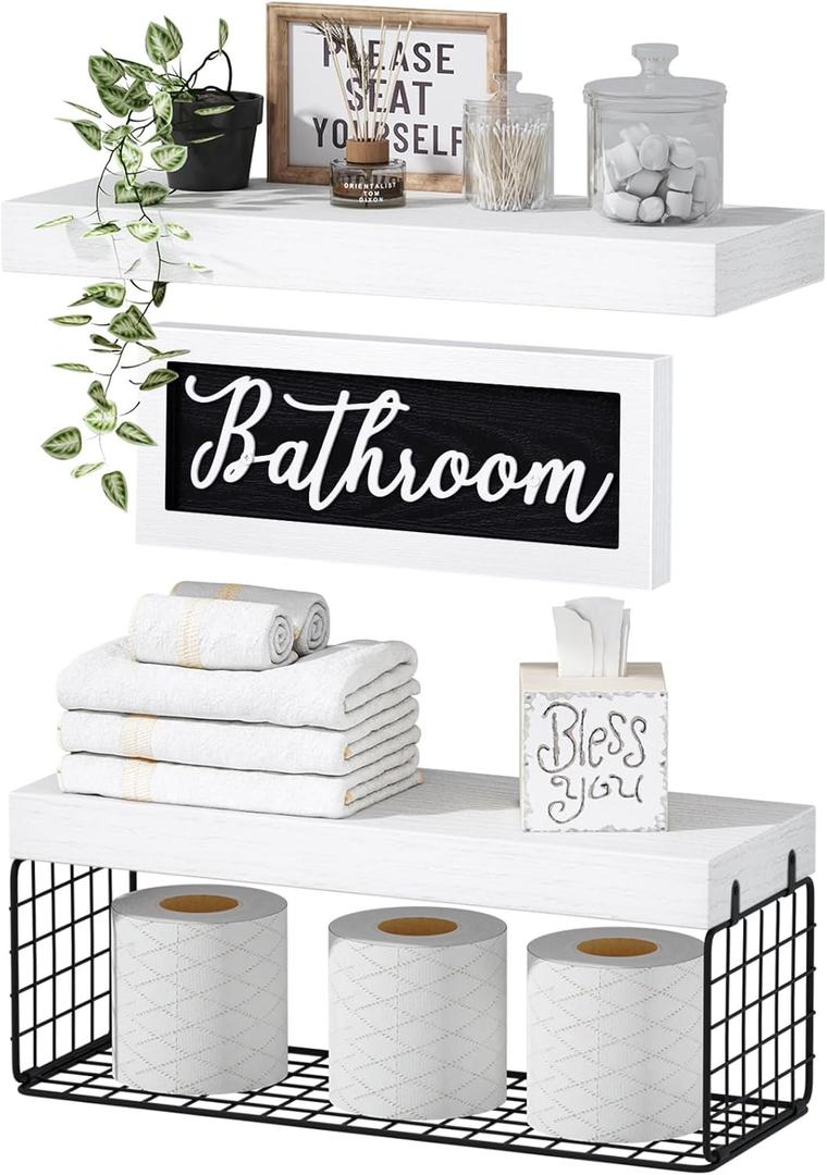 QEEIG Bathroom Shelves Over Toilet - Paper Storage Wall Mounted Farmhouse Decor Decorations Aesthetic Dcor Sign Small Floating Shelf 2+1 Set 16 inch, White and Black (020WB)
