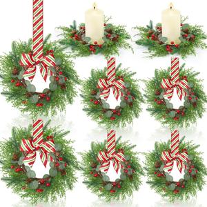 8 Pcs Christmas Kichen Cabinet Wreaths Bulk 7.87 Candy Cane Artificial Faux Candle Ring Wreath with Glitter Red White Green Ribbon Bow Pine Berries Christmas Decor for Xmas Home Window Door