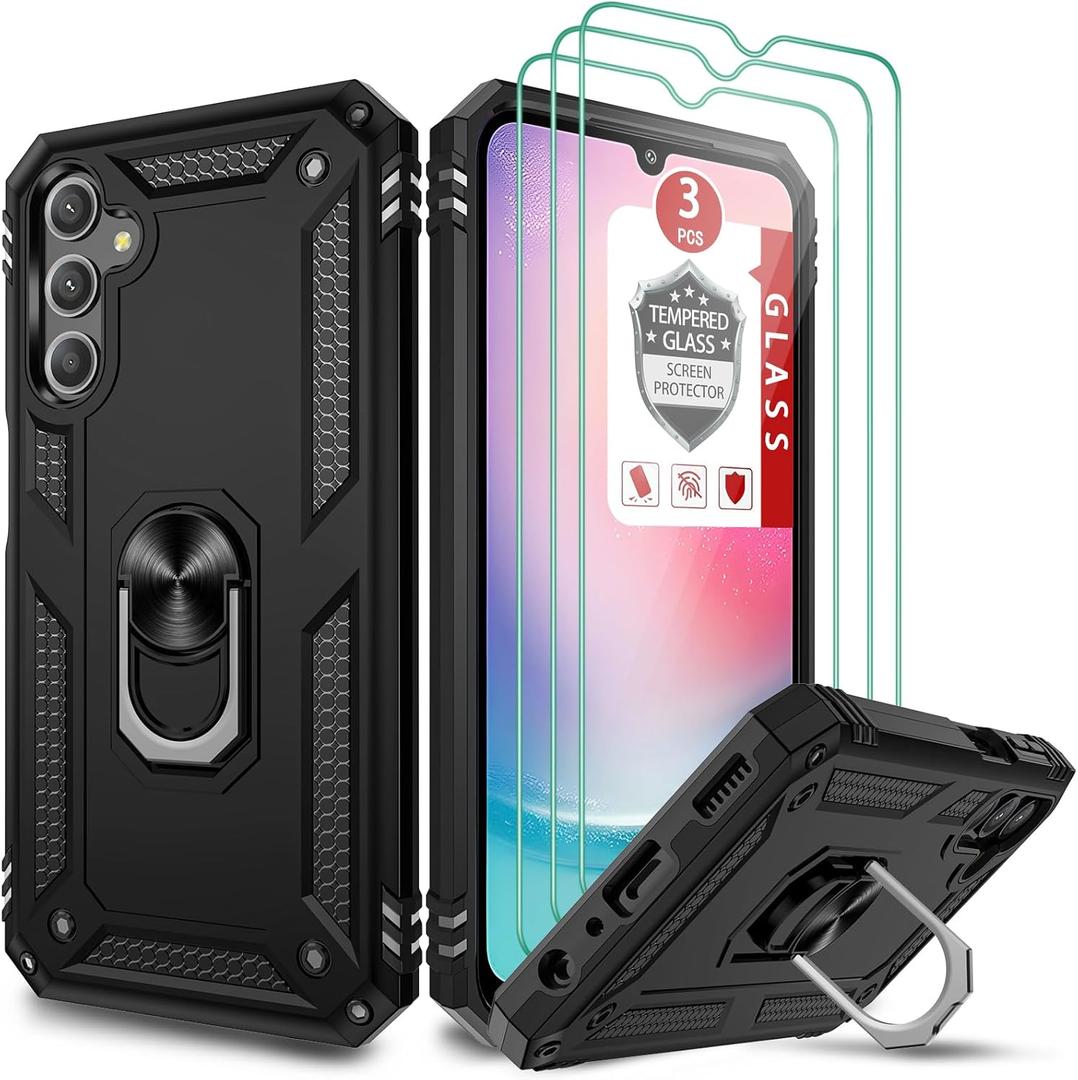 for Galaxy A24 4G Case, Case for Galaxy A25 with [3X Tempered Glass Screen Protector], Built-in Ring Kickstand Shockproof Defender Armor Dual Layer Hybrid TPU Plastic Case for Galaxy A24/A25 - Black