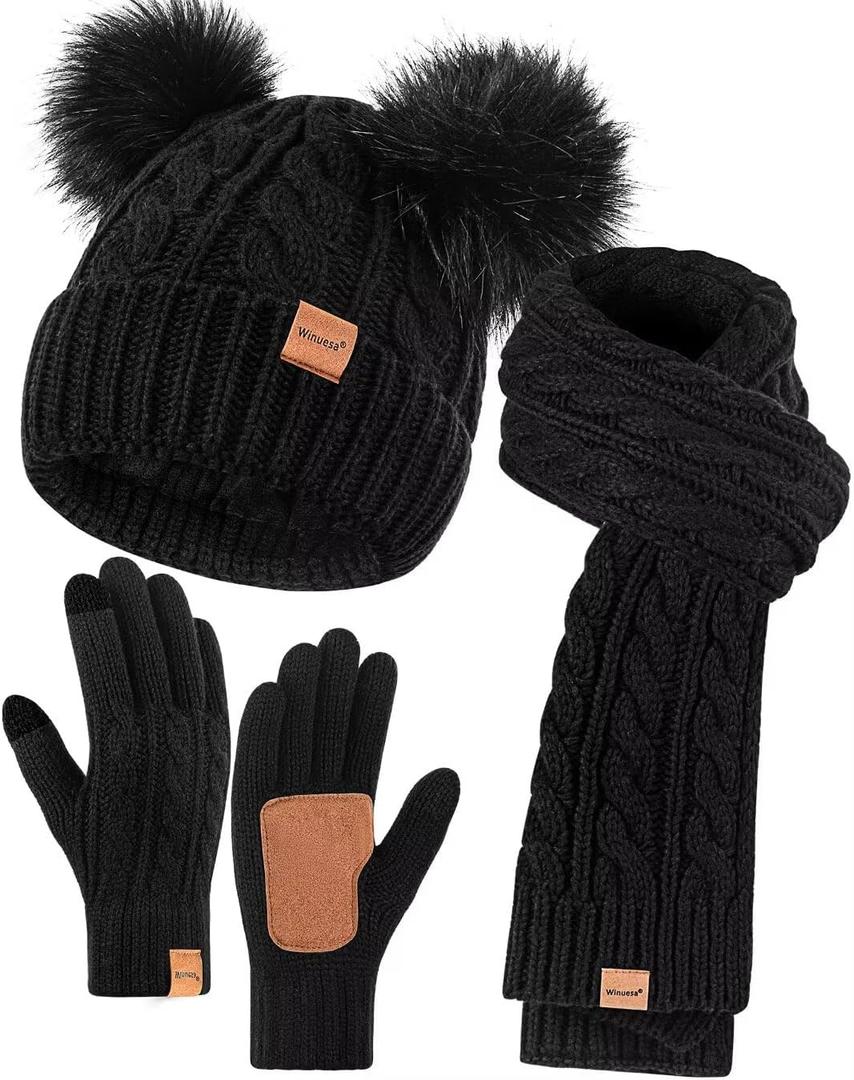 Winter Hat Scarf Glove Set for Women, Fleece Lined Beanie with Double Pom Pom, Touchscreen Gloves Knit Scarf for Cold Weather (Black)