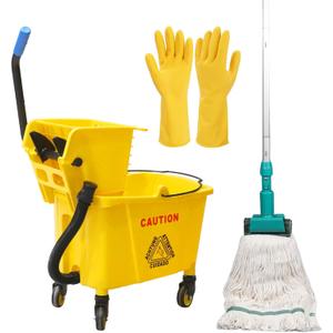 Side Press Wringer Combo Commercial Mop Bucket on Wheels, 35 Quart,Yellow, Including Commercial Mop and Rubber Gloves