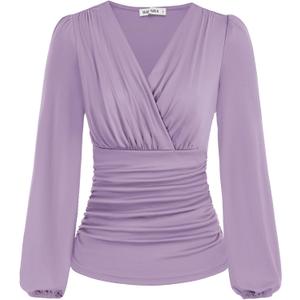 GRACE KARIN 2025 Womens Tops Fall Wrap Blouse V Neck Work Shirt Long Sleeve Dressy Casual Ruched Top Trendy Fashion Outfits (Medium, Pink Purple)