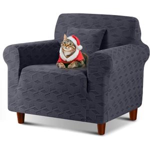 TAOCOCO Stretch Chair Slipcover, 1Piece Non Slip Armchair Cover Washable Chair Sofa Slipcover with 1PCS Throw Pillow Cover, Jacquard Furniture Protector for Pets Dog(1 Seater,Dark Grey)