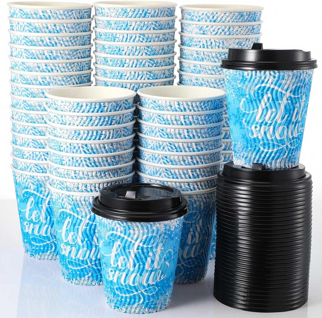 Nuogo 60 Sets 12 oz Christmas Disposable Coffee Cups with Lids Thick Winter Snowflake Paper Cups Insulated Ripple Wall for Christmas Travel Hot Chocolate Cocoa Tea Cold Drinks Liquids