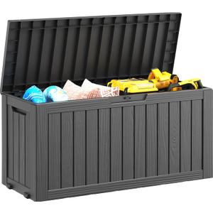NUNU LAB 75 Gallon Outdoor Storage Box,Large Resin Sturdy Deck Box, Backyard Outside Storage Box Waterproof with Double Wall Panels,Package Delivery Garden Hose Storage Bin Outdoor Tool (Black)