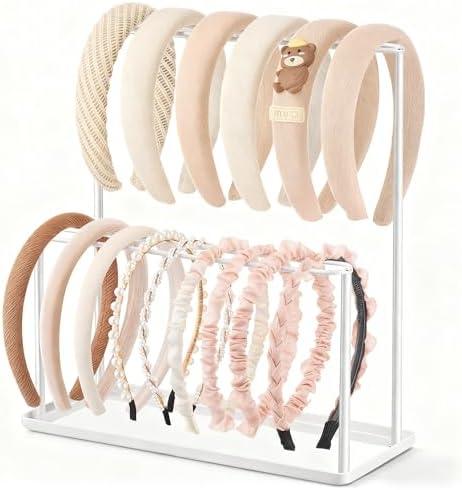 Josmimic Headband Holder Organizer Metal 2-Tier with Tray: Hair Accessories Display Stand Storage Hairband Rack Necklace Stand Home Bedroom for Girls Women, White